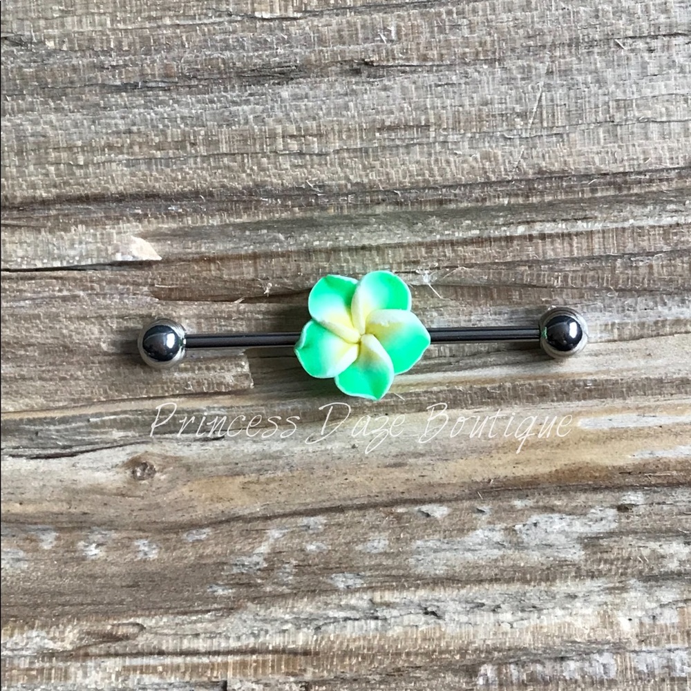 Green‎ Hawaiian Flower Silver Industrial Barbell Earring